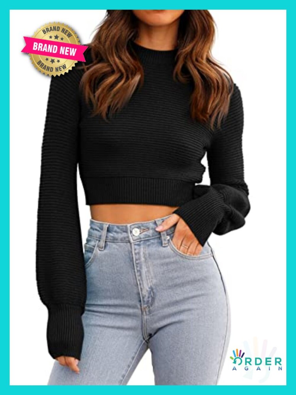Cropped Ribbed Knit Crew Neck Long Sleeve Pullover Sweater